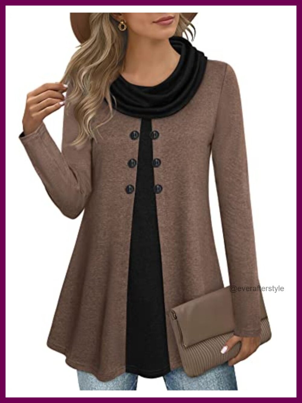 Women's Long Sleeve Cowl Neck Tunic Top Button Splicing Warm Winter